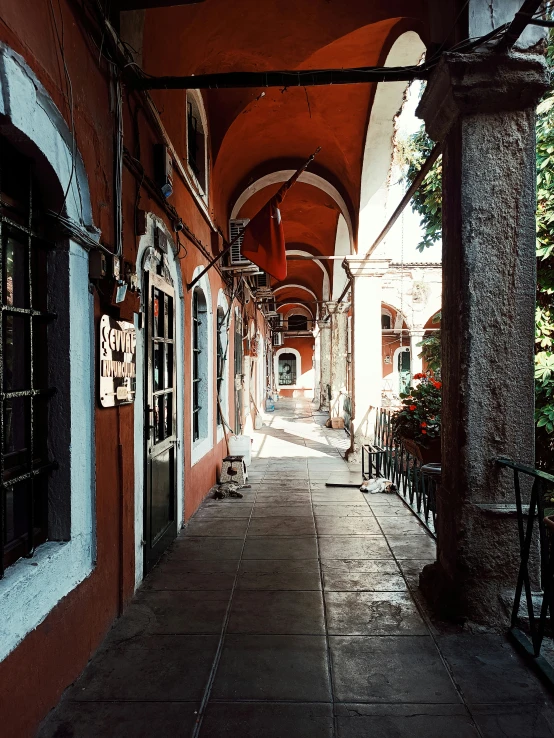 a street with a walkway and lots of different styles