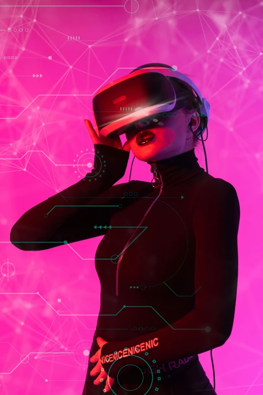 a woman wearing virtual reality glasses and earphones