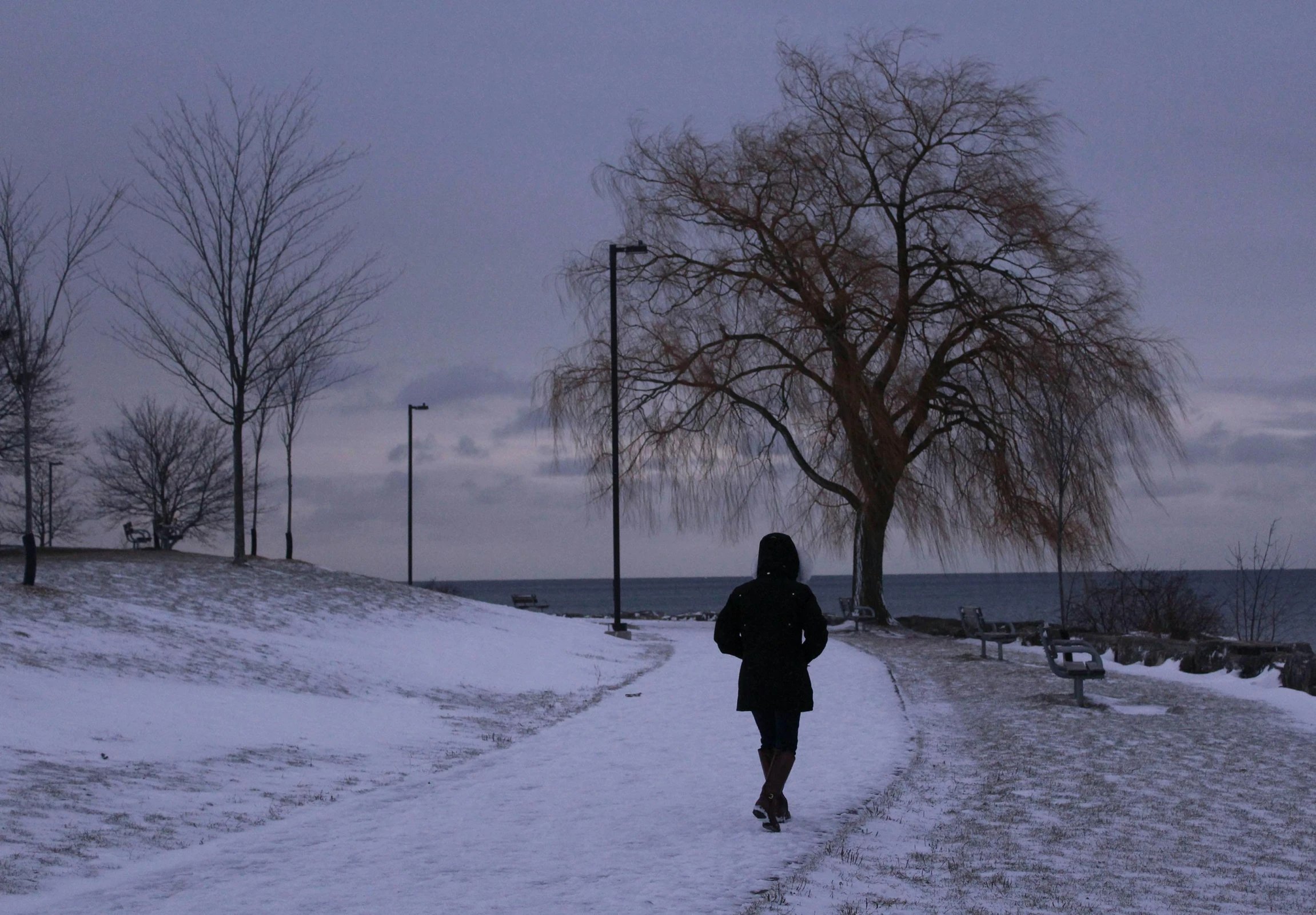 a man walking down a snowy path to the ocean