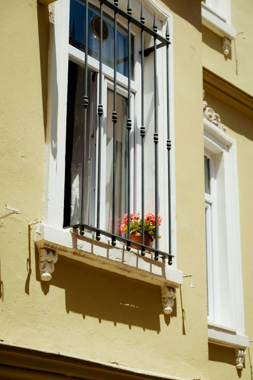 a balcony with flowers and iron balconies
