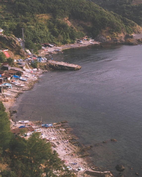 a couple of huts are near a river