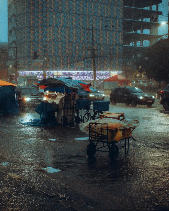 a bunch of carts sitting in the middle of a rain soaked street