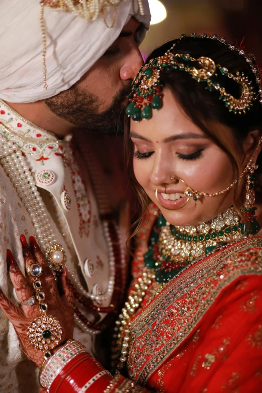 bride and groom with jewellery on their forehead