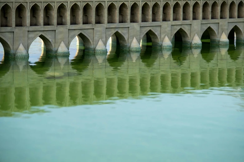 a stone arch bridge is reflecting in green water