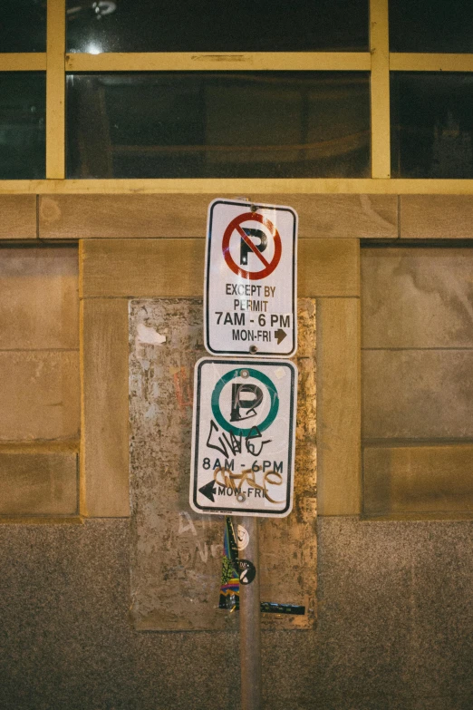 some signs and parking meters on a pole outside