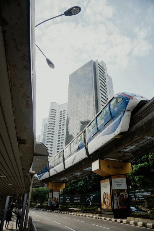 a train on an overhead track in a city