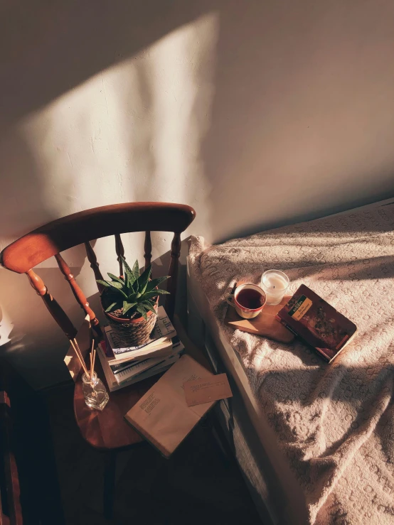 a small chair with books on it is sitting beside a bed and a potted plant