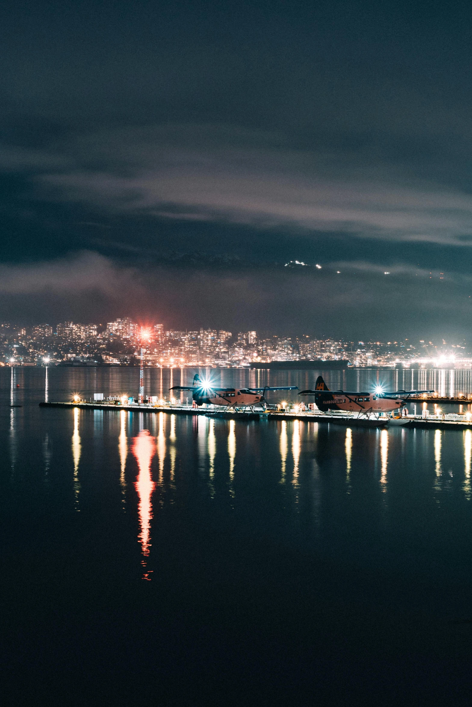 a long view of an urban skyline at night