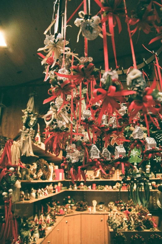 christmas decorations on shelves and in the ceiling