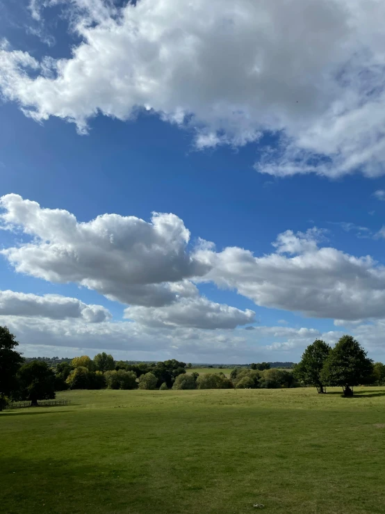 green fields under a sky with lots of clouds