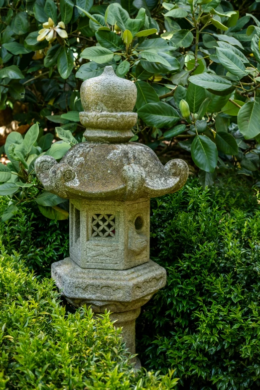 a cement lantern is in the middle of shrubs