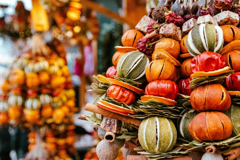 a colorful fruit stand in the store on display