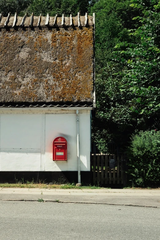 white building with thatched roof with red door