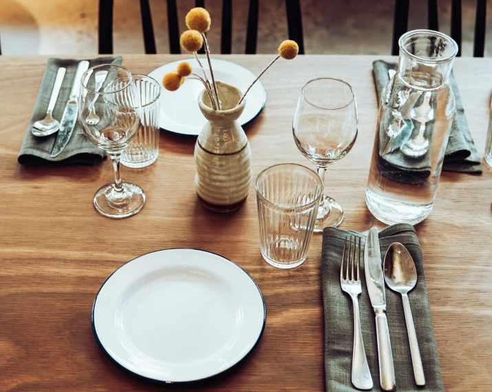 a plate and a bottle sitting on a wooden table