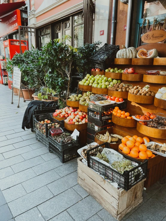 a variety of fruit is displayed on shelves in front of a store