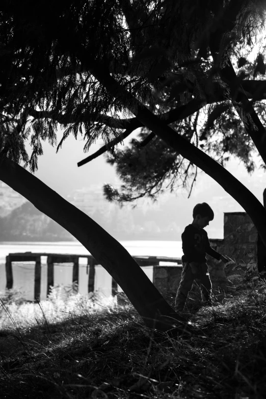 a small child walking towards a lake under some trees