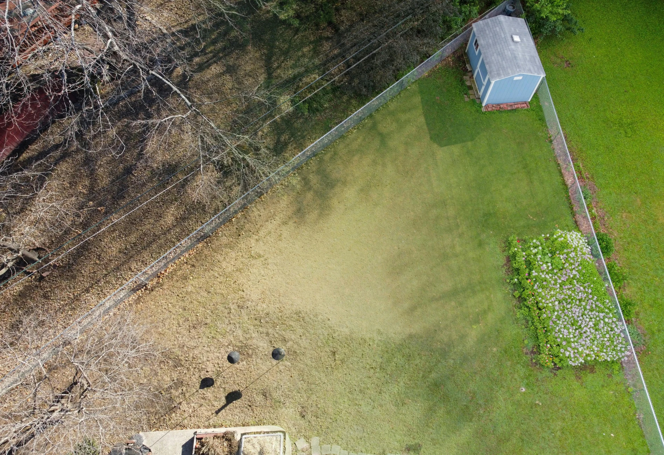 an aerial s shows the back side of a barn and trees