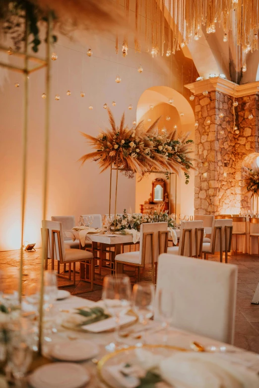 a wedding reception is set up in a building