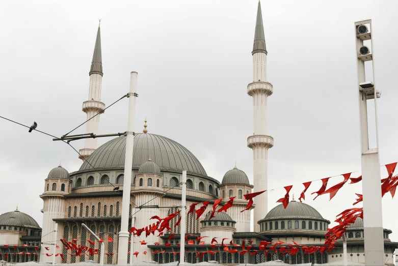 a picture of a mosque with many red flags