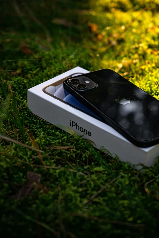 an iphone is sitting on the grass outside