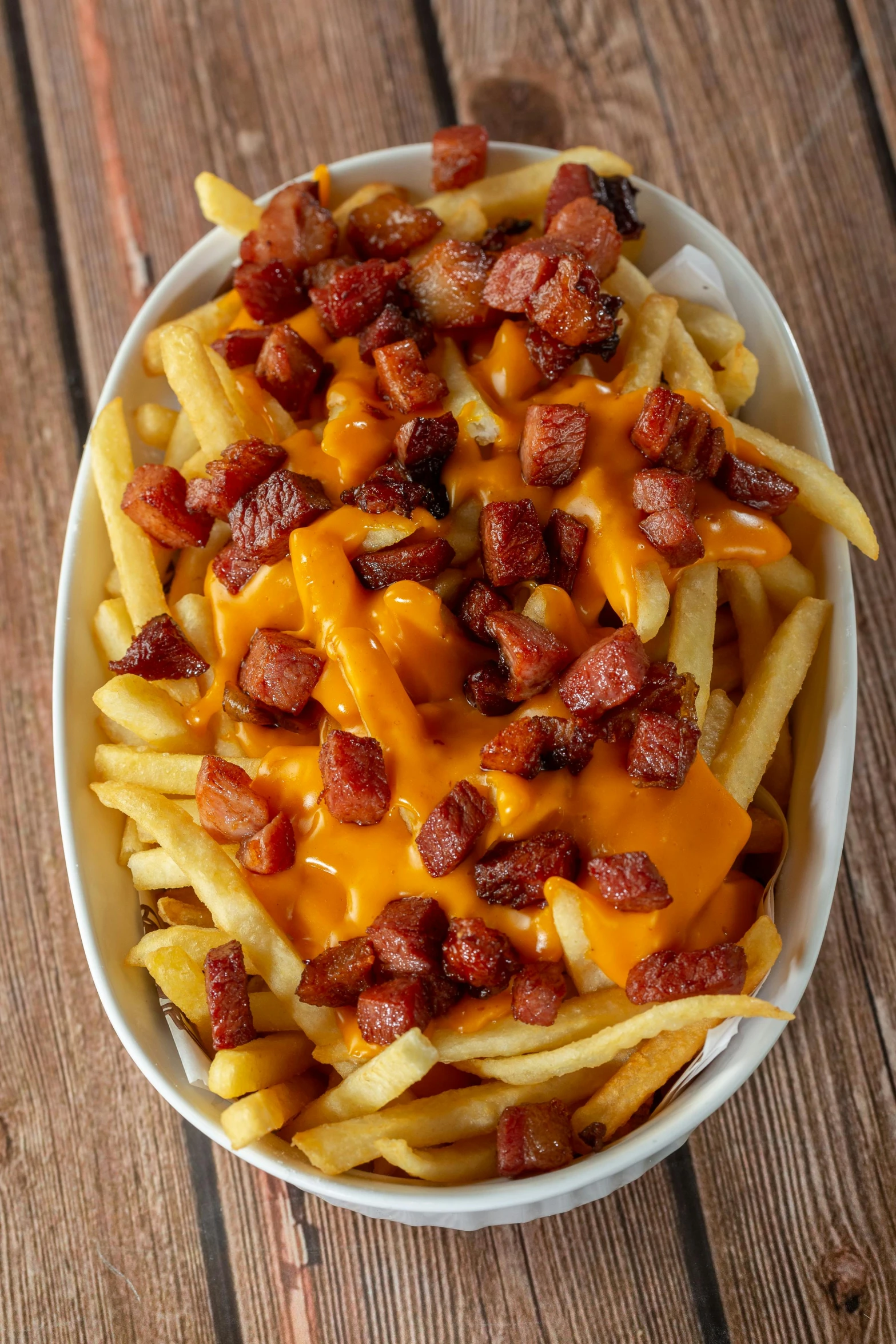 cheese fries in a bowl are topped with bacon