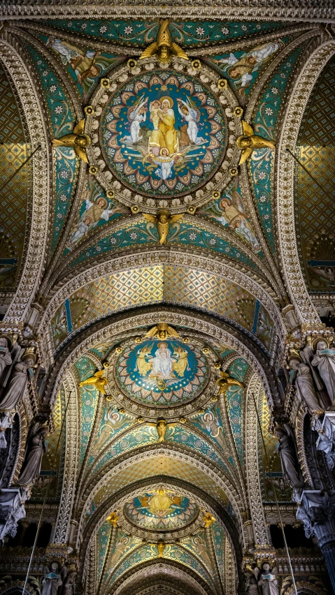 this image has blue and gold painted on the ceiling