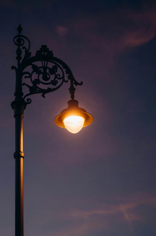 an illuminated street lamp post on a street at dusk