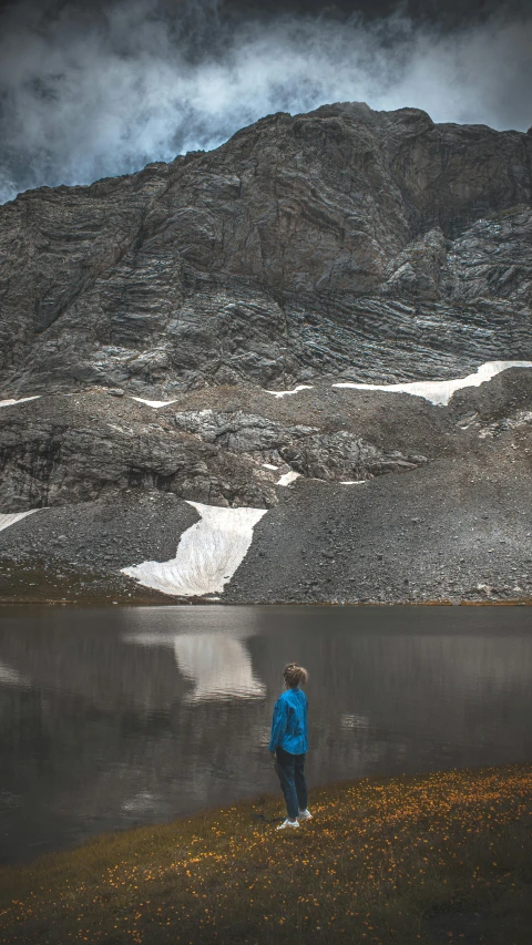 a man standing in front of a mountain lake under a cloudy sky