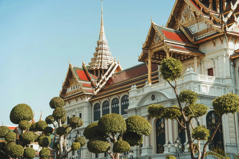 the temple of grand pae in thailand has many decorations on its front