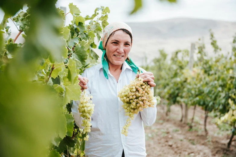 the woman in a headband smiles while holding gs in a vineyard