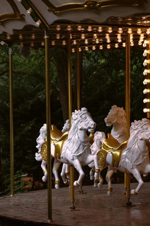 carousel horses are gold and white outside in the dark