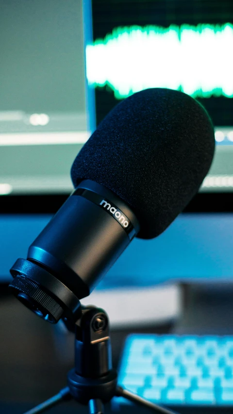 a microphone sitting next to a computer monitor on a desk