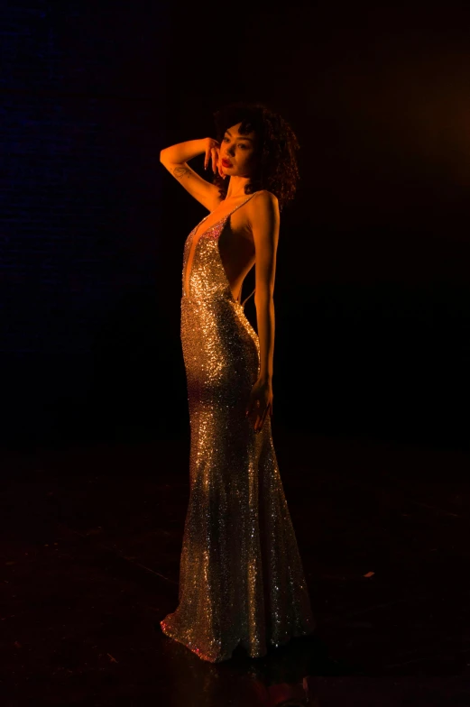 a woman posing wearing a shiny gold gown