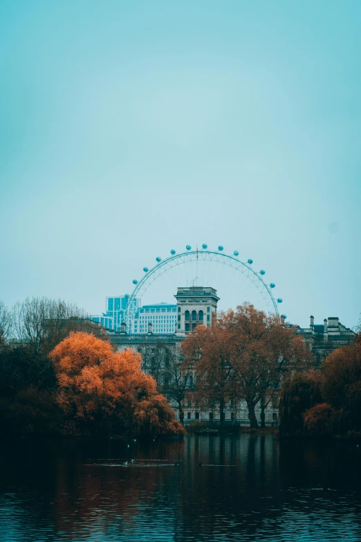 a beautiful scene with an amut park and ferris wheel