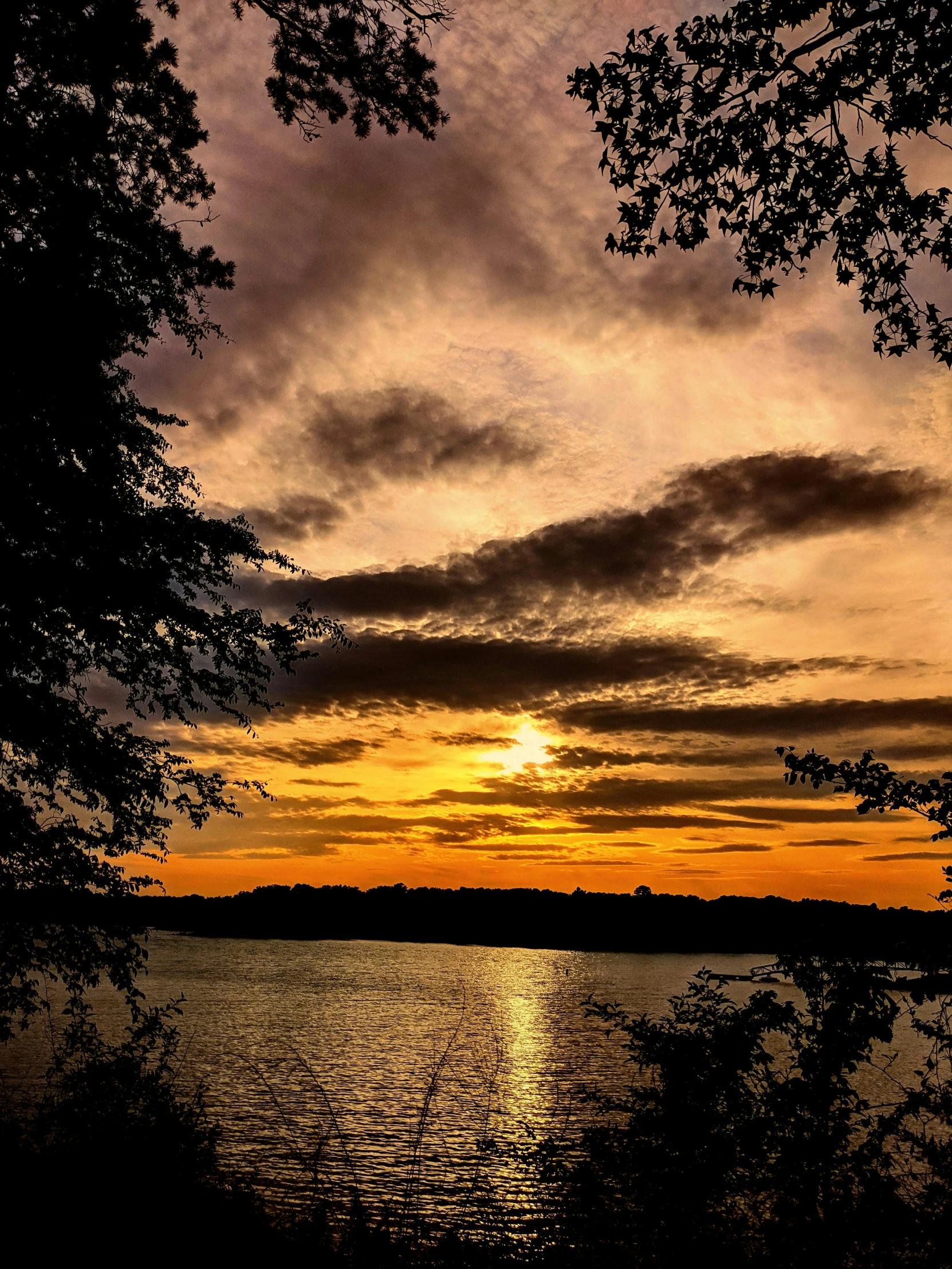 a sunset seen from a lakeside near water