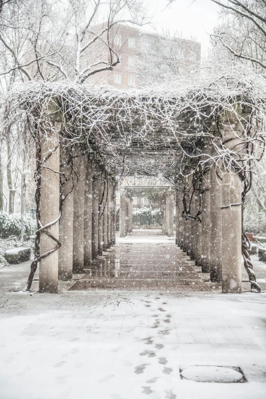 the view of some very large concrete structures in the snow