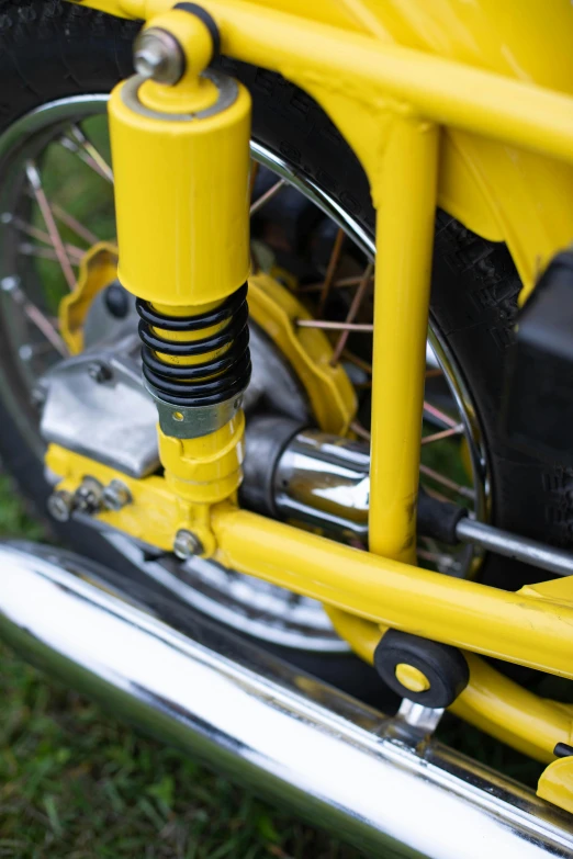 a close up po of the rear of a yellow motorcycle