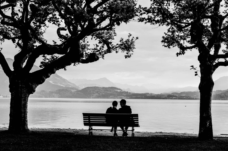 a couple siting on a bench near some trees