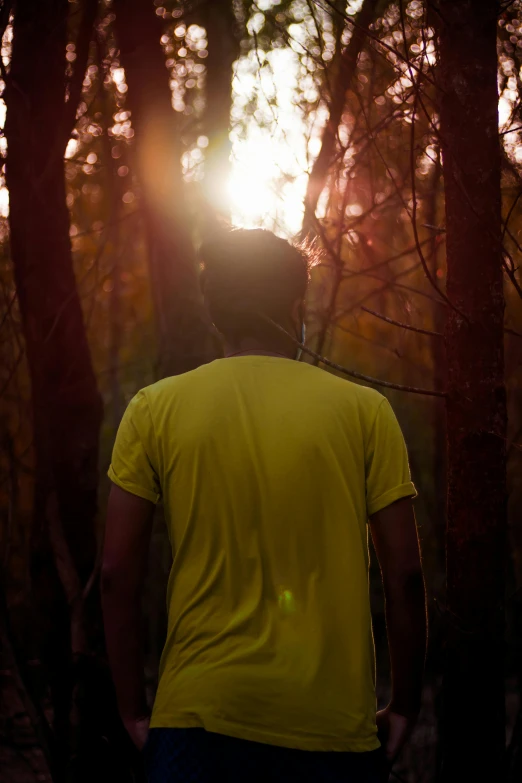 the back of a man standing near a forest