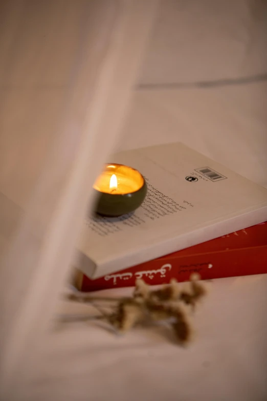 a candle is sitting on a book by a small white flower