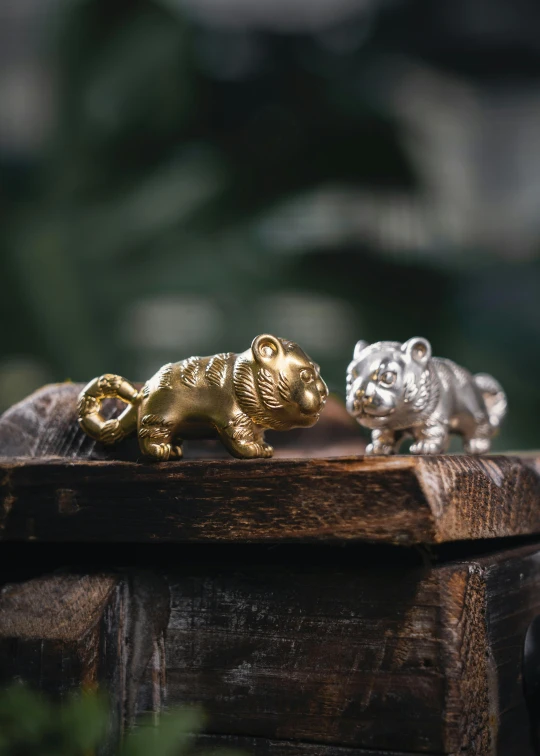 two golden and silver small toy lizards on wooden table