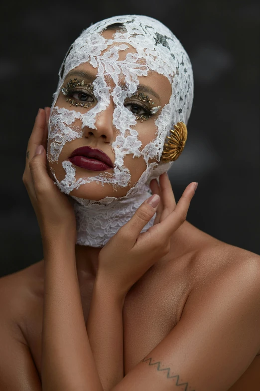 woman with facial mask and lace covering face