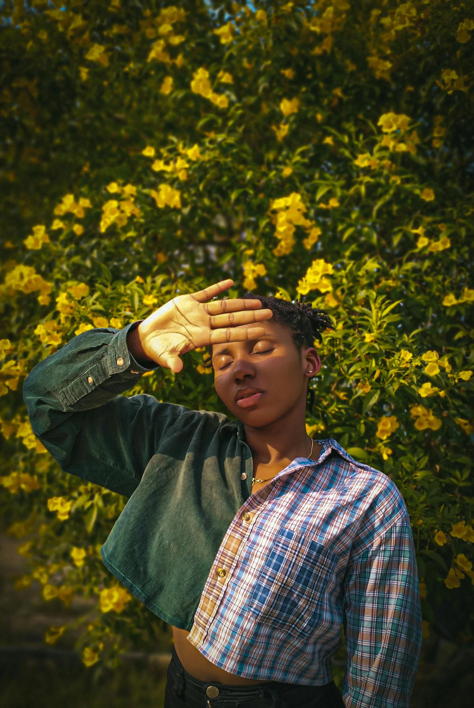 a man is standing in front of a bunch of yellow flowers