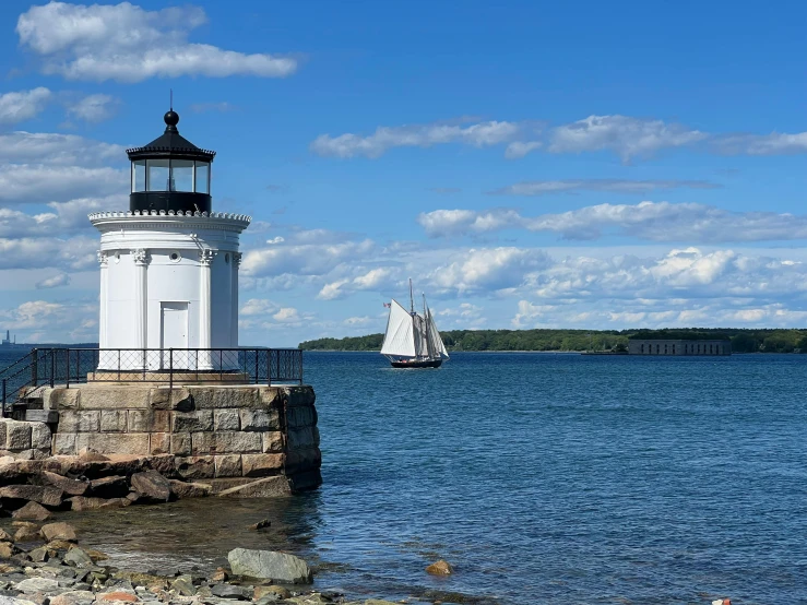 a lighthouse on an island with a sailboat in the distance