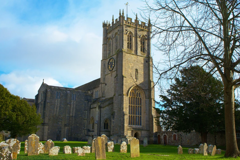 a church with a large tower and a clock