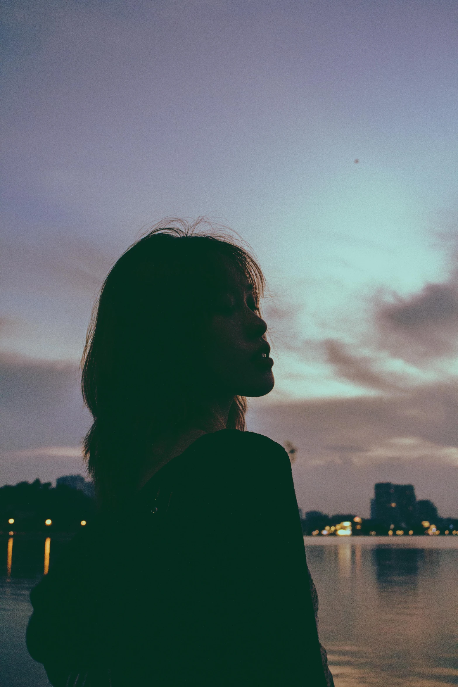 a silhouetted woman standing on a dock looking at the water