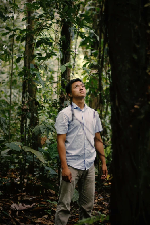 a man in the woods with his back turned