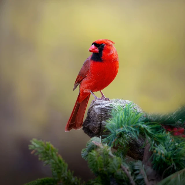 the red bird is sitting on the nch of the pine tree