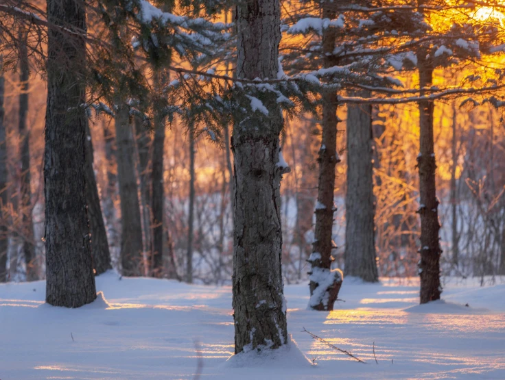 the sun shines through the trees along a snowy path