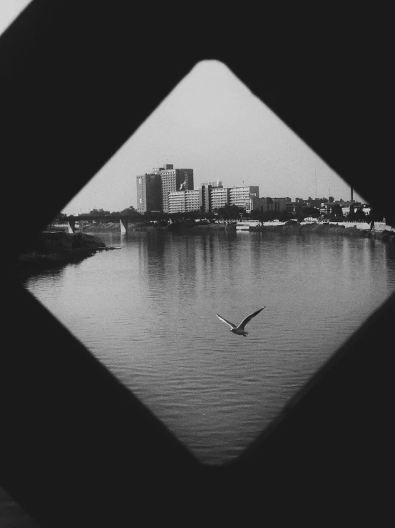 a black and white po of a city seen from the river